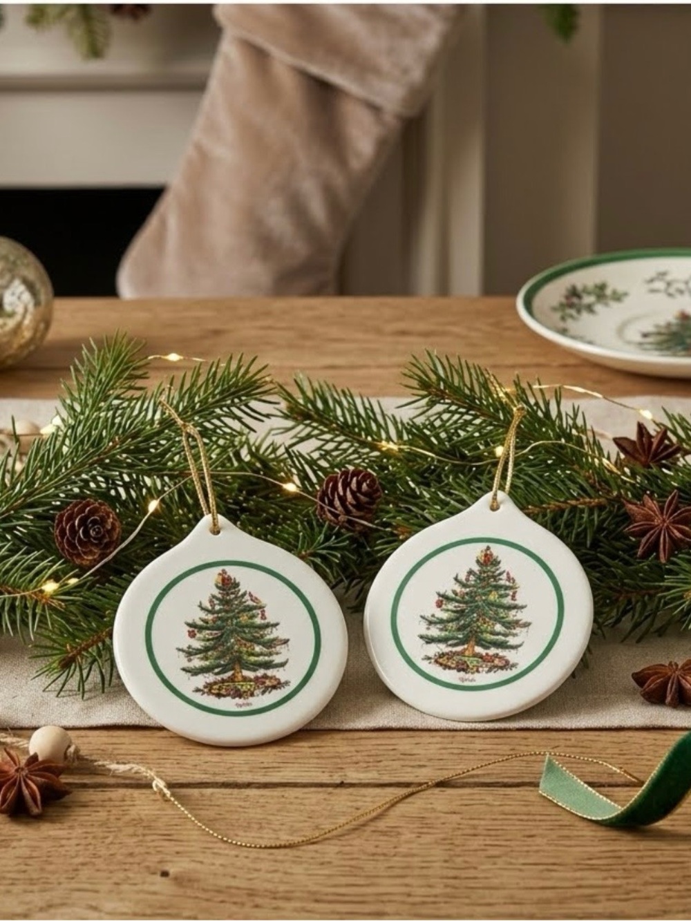 Pair of Vintage Spode Porcelain ornaments with classic Christmas Tree pattern